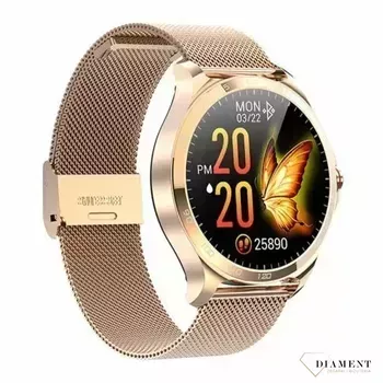 Smartwatch Garett Sport Factory RT złoty, stalowy na bransolecie w kolorze różowego złota.  (2).webp